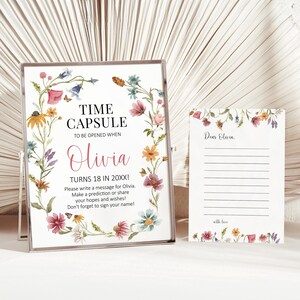 Editierbare Wildflower Time Capsule Hinweiskarten und Zeichen Blumen Geburtstag Baby Shower Template Printable Corjl 0123