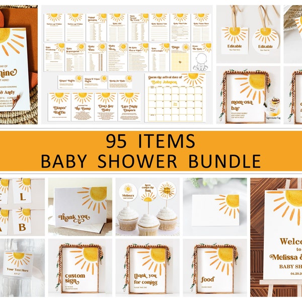 Editable Sunshine Baby Shower Bundle Sun Baby Shower Invitation Bundle Here Comes The Sun Baby Shower Games Bundle Printable Corjl 0118