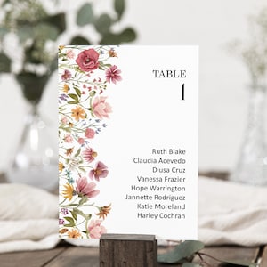 Bewerkbare Wildflower Zitplaatskaart Kaartnummer Kaartsjabloon Bloemen Bruiloft Stoelkaart Tabelnummer Afdrukbaar Corjl 0123