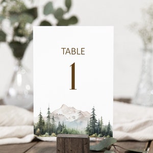 Modèle de carte modifiable forêt montagne numéro de table carte de siège imprimable Corjl 0124