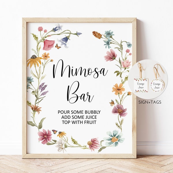 Editable Wildflower Mimosa Bar Sign & Juice Tags Floral Bridal Shower Baby Shower Decor Printable Corjl 0123