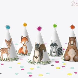 PRINTABLE Party Hats Woodland Animals Forest Party Woodland Birthday Decor Wild One Birthday Party Decorations NOT Editable 0120