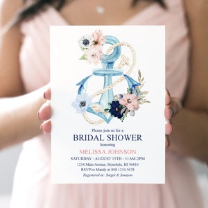 Nautical Bridal Shower Invitation Navy and Blush Bridal Shower Invite Anchor Bridal Shower Watercolor Floral Printable Digital Invite B17