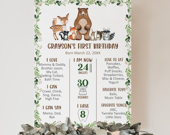 May include: A rectangular birthday milestone sign featuring a woodland animal illustration at the top, green leaf borders, and text including Grayson's First Birthday, Born March 22, 20XX, 61 cm, 14 kg, and 8 teeth, with lists of likes and favourites.