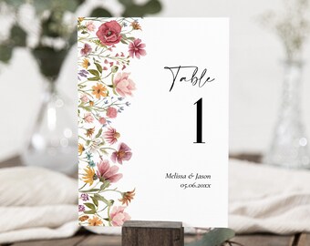 Editable Wildflower Table Number Card Template Floral Wedding Seating Card Printable Corjl 0123