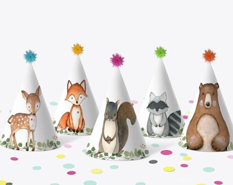 PRINTABLE Woodland Animals Party Hats, Woodland Birthday Hats, 0120