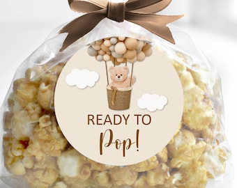 Teddy Bear Ready To Pop Sticker, We Can Bearly Wait Baby Shower Favor Tag Popcorn Bag Label Printable C14