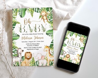 Puede incluir: Una invitación a una fiesta de bienvenida al bebé con temática de la selva. La invitación presenta un fondo verde y blanco con una variedad de animales de la selva, incluyendo una cebra, un león, un elefante y una jirafa. El texto de la invitación dice "Oh Baby" e incluye el nombre "Melissa Johnson".