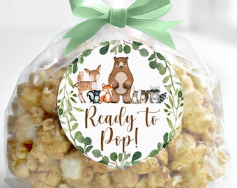 Listo para hacer estallar pegatinas Woodland Baby Shower Favor Etiquetas Etiquetas de palomitas de maíz Greenery Woodland Animals Baby Shower Imprimible NO Editable 0120