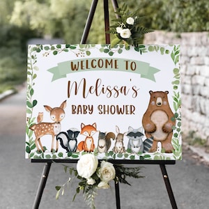 Cartello di benvenuto per baby shower modificabile nel bosco Cartello da giardino Cartello per baby shower con animali del bosco di genere neutro Corjl 0120