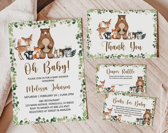 May include: A baby shower invitation with a woodland theme. The invitation features a brown bear, a deer, a fox, an owl, a raccoon, and a squirrel. The text on the invitation reads "Oh Baby!" and includes the name "Melissa Johnson", the date and time of the shower, the location, and the RSVP information. The invitation also includes a thank you card, a diaper raffle card, and a books for baby card.