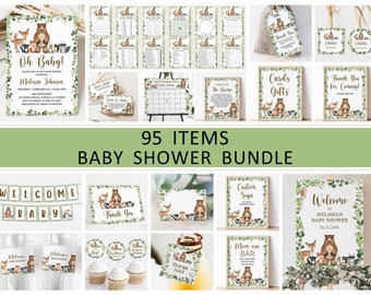 Editable Woodland Baby Shower Bundle Forest Animal Baby Shower Invitation Games Signs Decor Printable Template Corjl 0120