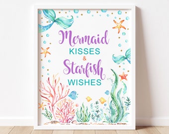 Mermaid Kisses and Starfish Wishes Sign Under The Sea Mermaid Baby Shower Birthday Decor NOT Editable A75 C71