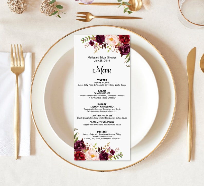 Floral Menu Printable Burgundy Menu Boho Wedding Menu Sign Menu Card Personalized Menu A38 B61 C48