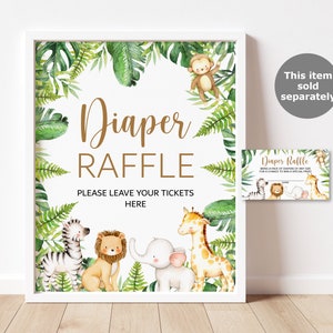 May include: A white framed sign with the words "Diaper Raffle" in gold lettering, surrounded by jungle foliage and animal illustrations. The sign includes the text "Please leave your tickets here."