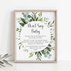 Don't Say Baby Game Succulent Greenery Baby Shower Game Printable Clothespins Game Green Leaves Eucalyptus NOT Editable C91