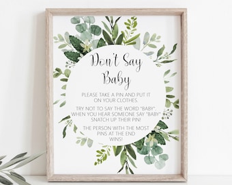Don't Say Baby Game Succulent Greenery Baby Shower Game Printable Clothespins Game Green Leaves Eucalyptus NOT Editable C91