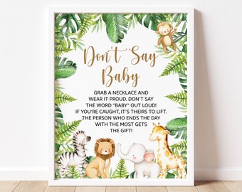 Don't Say Baby Game Necklace Game Jungle Baby Shower Safari Animals Baby Shower Sign Printable Tropical Jungle Animals NOT Editable C94