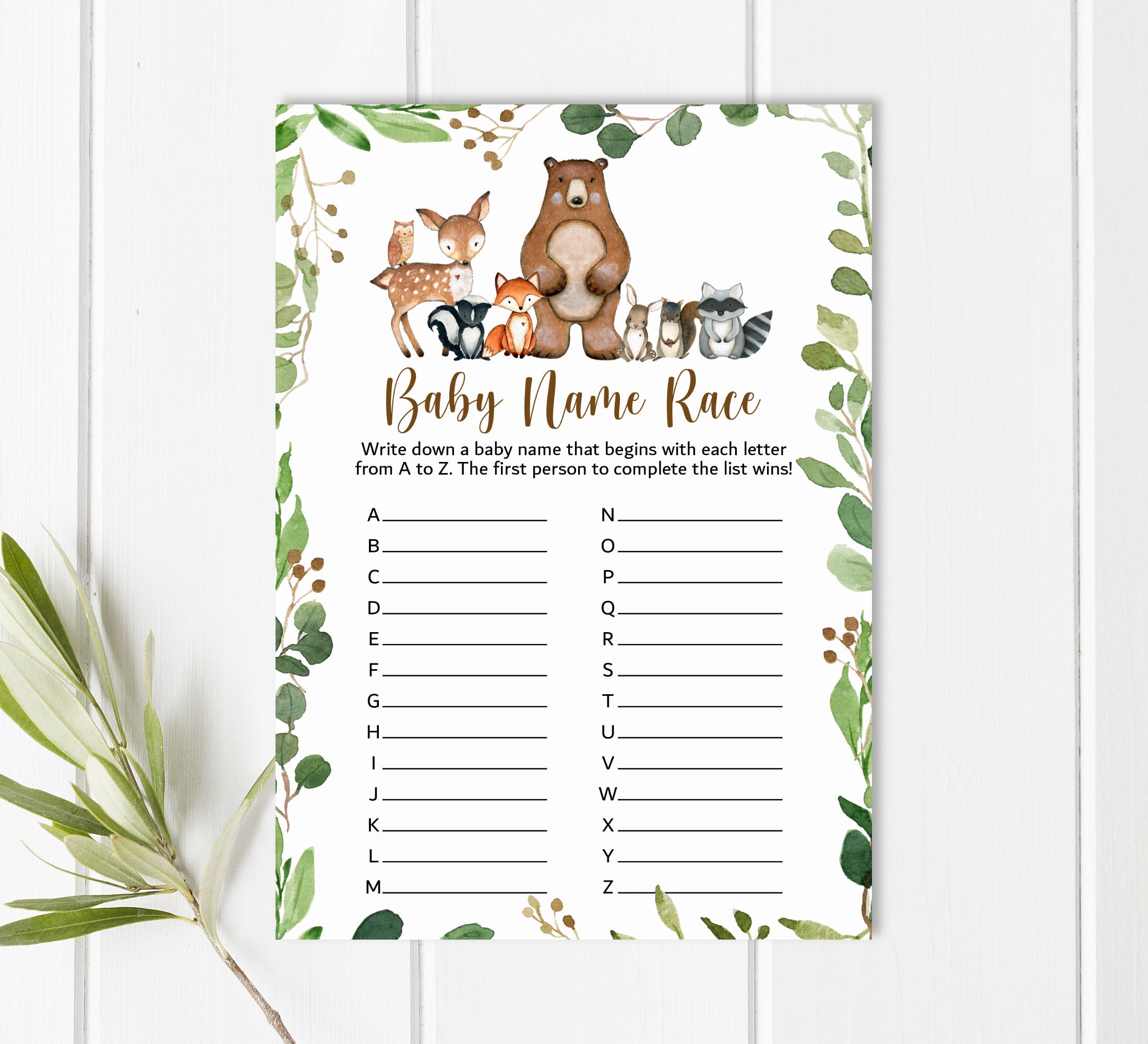 Baby Name Race Game Woodland Baby Shower Game Greenery - Etsy Baby Name Race Game Woodland Baby Shower Game Greenery - Etsy