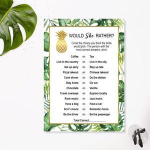 May include: A green and white tropical-themed printable game card with the text "Would She Rather?" and a list of questions with two choices each. The card features a pineapple graphic.