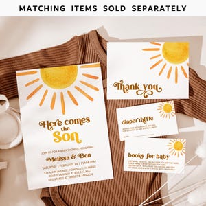 May include: A baby shower invitation with a yellow sun graphic and the text "Here comes the Son". The invitation includes the names Melissa & Ben, the date and time of the shower, and the address. There are also thank you cards, a diaper raffle card, and a books for baby card.