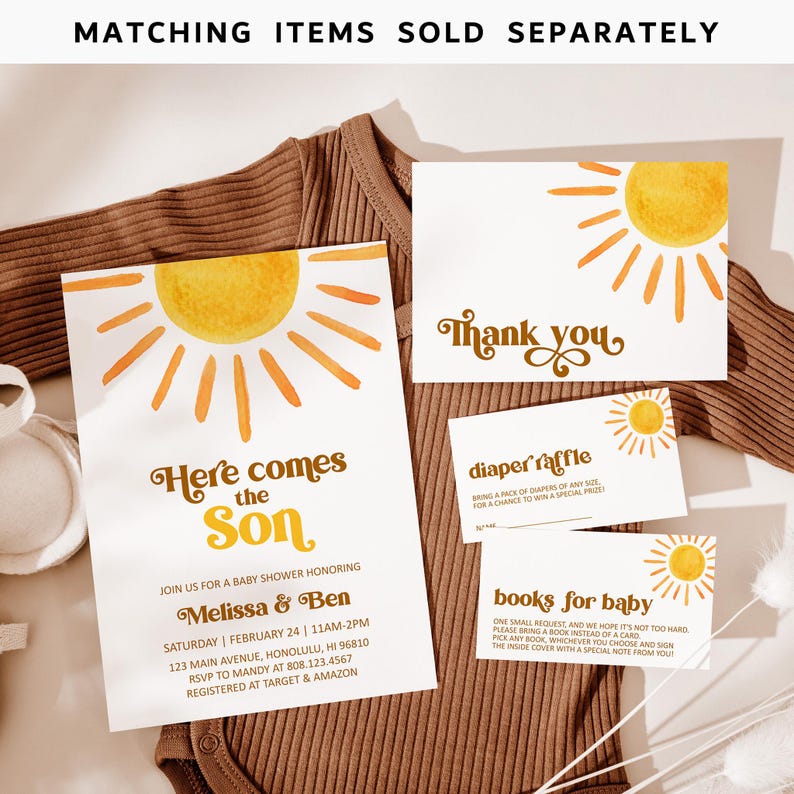 May include: A baby shower invitation with a yellow sun graphic and the text "Here comes the Son". The invitation includes the names Melissa & Ben, the date and time of the shower, and the address. There are also thank you cards, a diaper raffle card, and a books for baby card.