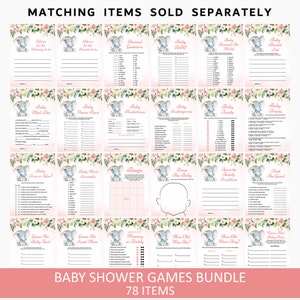 May include: A set of 14 printable baby shower games featuring a pink and green floral design with a cute elephant illustration. The games include "Baby Mad Libs", "Baby Name Race", "Baby Predictions", "Baby Scattergories", "Baby Trails", "Baby Trivia", "Baby True or False", "Baby Word Scramble", "Bingo", "Draw the Baby", "Favourite Family Tradition", "Find the Guest", "Guess the Baby Food", "Guess the Sweet Mix", "Mommy or Daddy", "How Old Was She?", "How Old Were They?", and "Name That Tune".