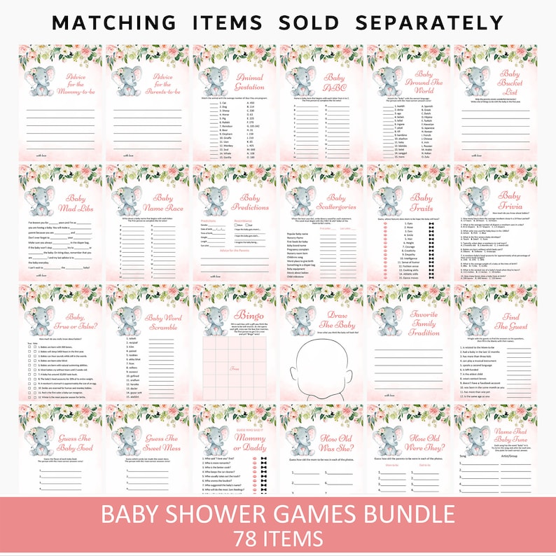 May include: A set of 14 printable baby shower games featuring a pink and green floral design with a cute elephant illustration. The games include "Baby Mad Libs", "Baby Name Race", "Baby Predictions", "Baby Scattergories", "Baby Trails", "Baby Trivia", "Baby True or False", "Baby Word Scramble", "Bingo", "Draw the Baby", "Favourite Family Tradition", "Find the Guest", "Guess the Baby Food", "Guess the Sweet Mix", "Mommy or Daddy", "How Old Was She?", "How Old Were They?", and "Name That Tune".