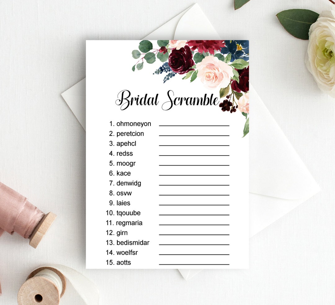 Bridal Word Scramble Game Burgundy Blush Bridal Shower Game Unscramble