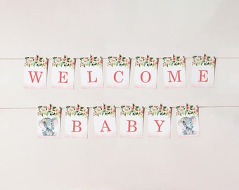 Redigerbar elefantbabyshowerbanderoll Rosa elefantvälkomstbanderoll Lilla jordnötsbabyshowerdekorationer utskrivbara Corjl 0121
