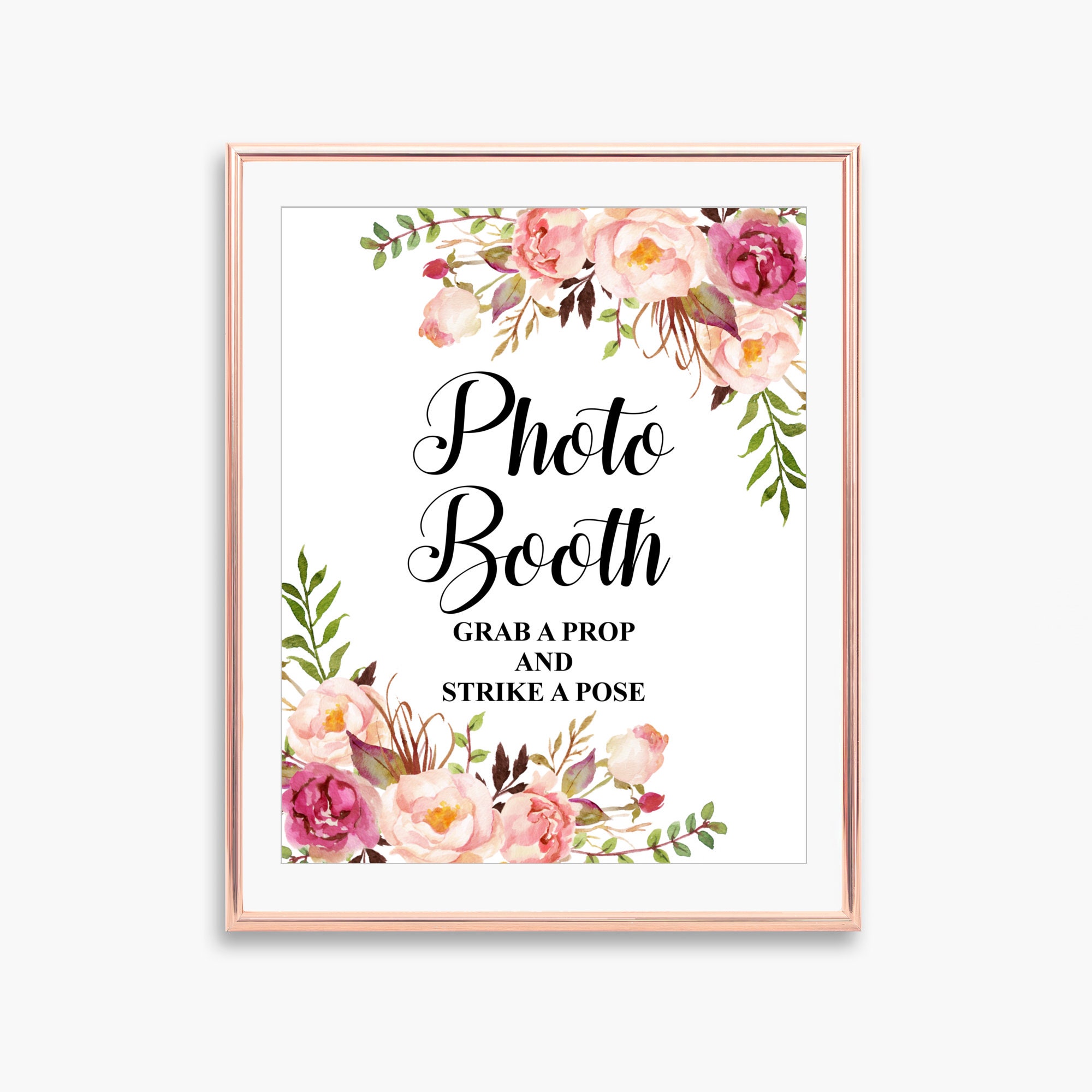 Photo Booth Sign Boho Pink Floral Bridal Shower Decorations Grab a Prop Strike a Pose Printable NOT Editable B54 C24