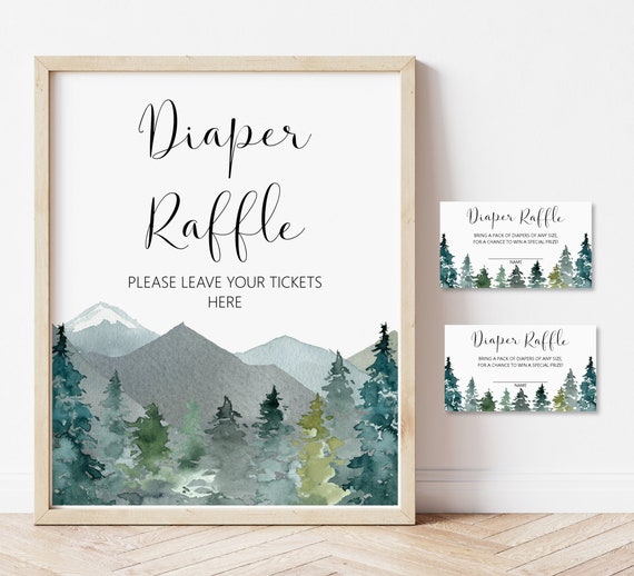 Diaper Raffle Tickets and Sign Winter Woodland Mountains Trees Adventure Baby Shower Game Printable NOT Editable C90 Il_570xn