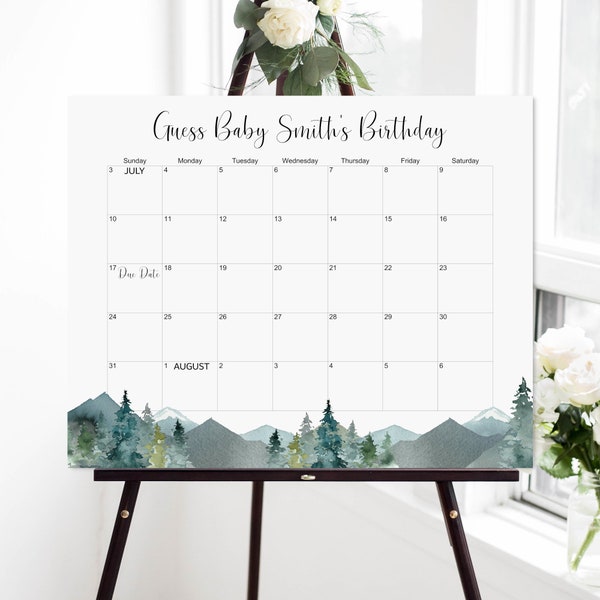 Mountains Baby Due Date Calendar Game Adventure Awaits Baby Shower Outdoor Trees Mountains Baby Shower Game Printable C90