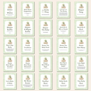 May include: Baby shower game cards with a green gingham pattern. Each card has a dinosaur illustration and a different game title, including "Advice and Wishes," "Diaper Raffle," and "Guess How Many Candies." The cards are designed for a baby shower.