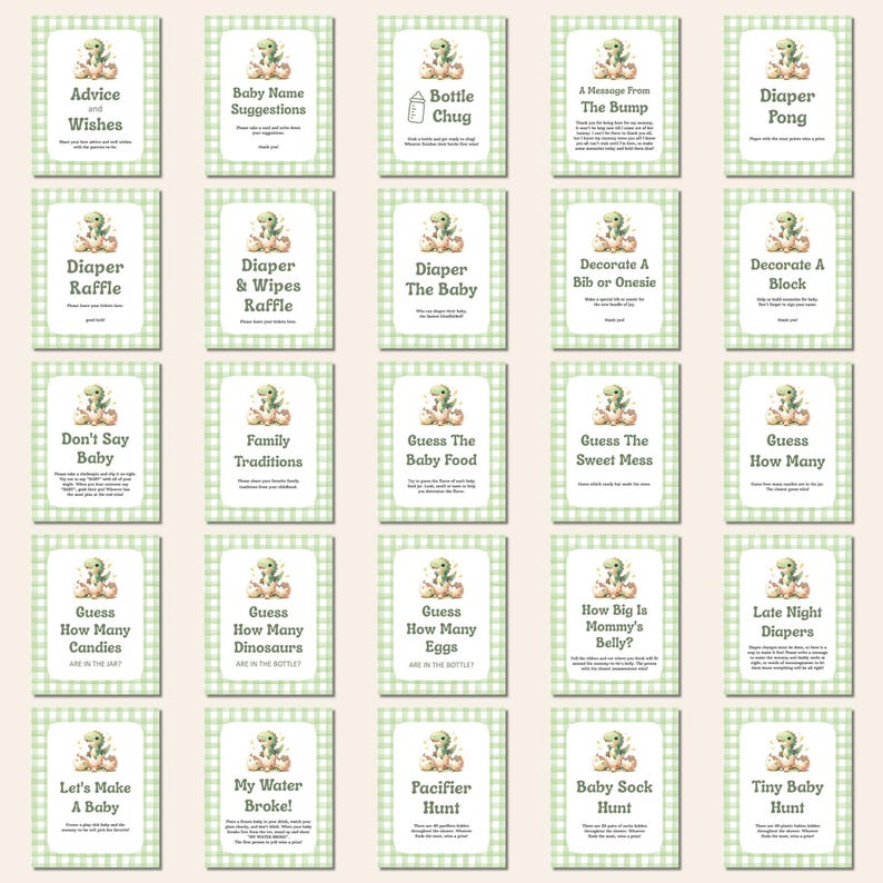May include: Baby shower game cards with a green gingham pattern. Each card has a dinosaur illustration and a different game title, including "Advice and Wishes," "Diaper Raffle," and "Guess How Many Candies." The cards are designed for a baby shower.
