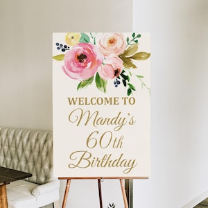 Affiche d&#39;anniversaire florale personnalisée avec panneau de bienvenue imprimable pour femmes, décorations d&#39;anniversaire, paillettes d&#39;or, fichier numérique A32 de bienvenue