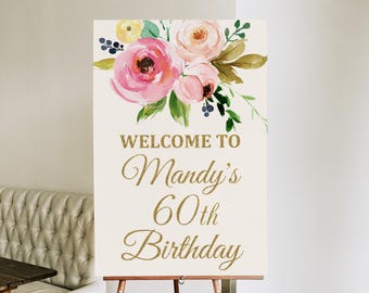 Custom Floral Birthday Welcome Sign Poster Printable Women Birthday Decorations Gold Glitter Welcome to Birthday Sign Digital File A32