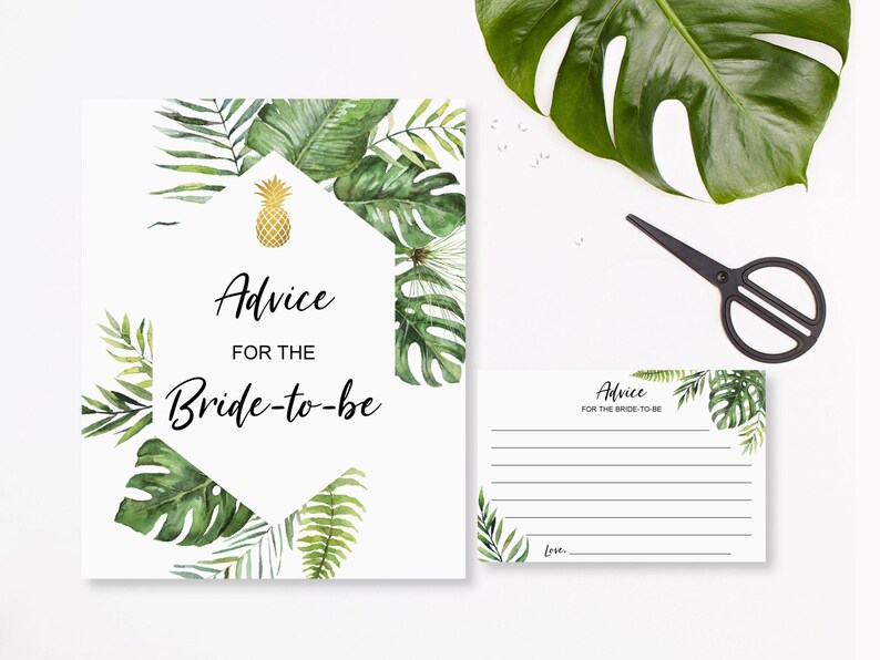 May include: A printable bridal shower advice card with a tropical theme. The card features a gold pineapple and green watercolor leaves. The text on the card reads "Advice for the Bride-to-be".