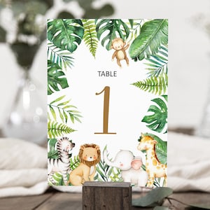 Números de mesa editables para safari en la jungla, baby shower de safari, tarjeta con número de mesa para fiesta de cumpleaños de safari, plantilla imprimible Corjl 0127