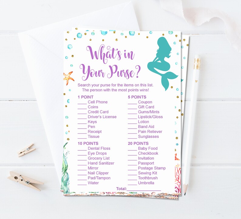 May include: A printable game card with a mermaid illustration and the text "What's in Your Purse?"  The card lists common items found in a purse and assigns points to each item.  The person with the most points wins.