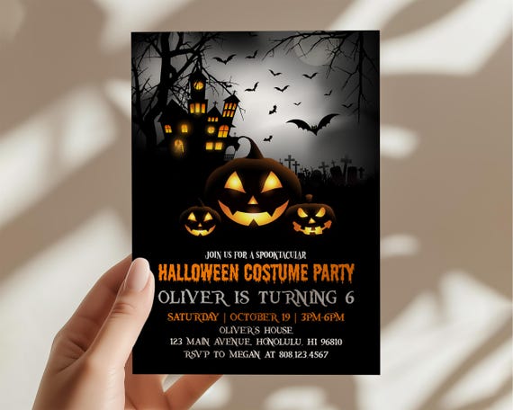 Editable Spooky Halloween Invitation Birthday Costume Party Invite Printable Template Scary Pumpkins Haunted House, Corjl 0126