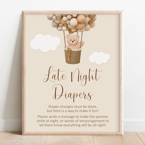 Teddybär Late Night Windeln Zeichen Heißluftballon Bär Baby Shower Aktivität Spiel Zeichen Printable Wir können Bären warten NICHT bearbeitbar C14