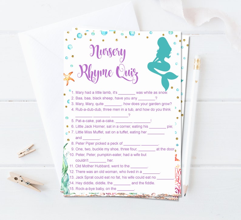 May include: A printable nursery rhyme quiz game with a mermaid illustration. The quiz features 15 questions with blanks for players to fill in the missing words from popular nursery rhymes.