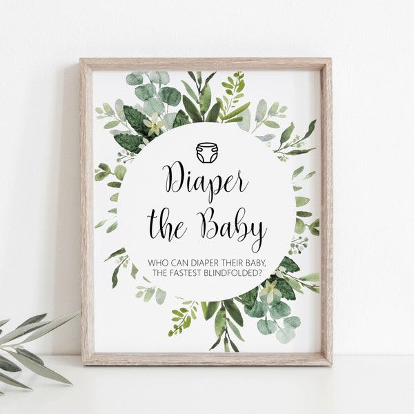 Blindfolded Diaper Changing Game Succulent Greenery Baby Shower Game Printable Green Leaves Eucalyptus NOT Editable C91