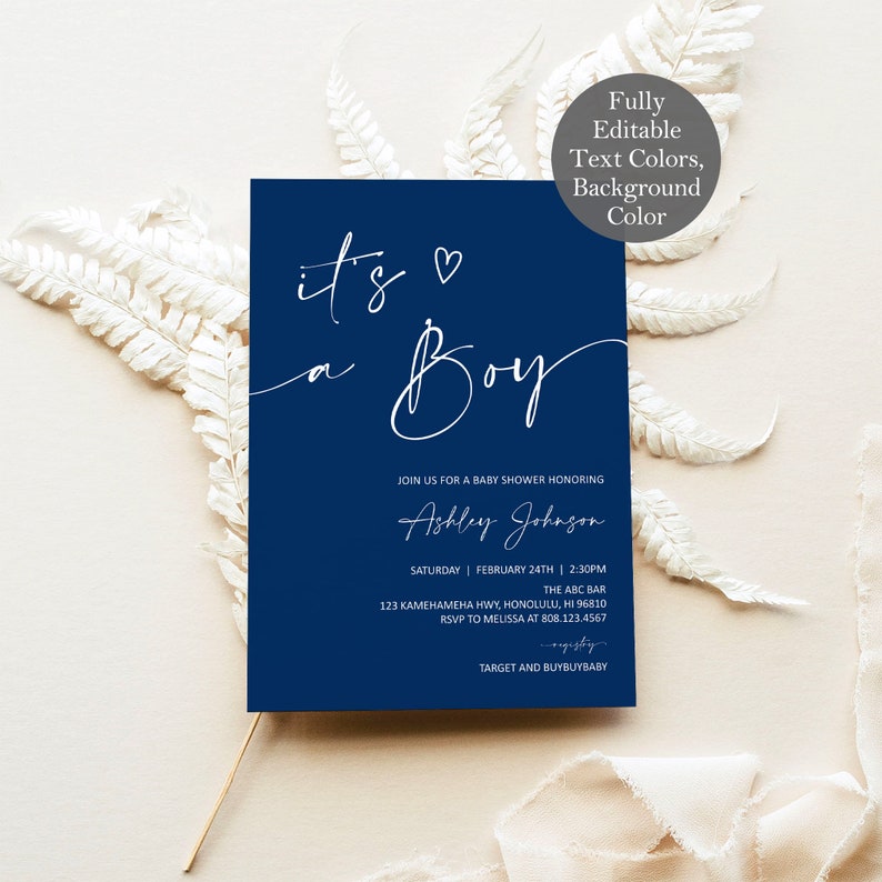 Op de afbeelding: Marineblauwe uitnodiging voor een babyshower met witte scripttekst "it's a Boy". De uitnodiging bevat details over het evenement: datum, tijd, locatie en RSVP-informatie. De uitnodiging is omgeven door witte decoratieve elementen.