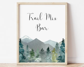 Trail Mix Bar Sign Printable Winter Rustic Woodland Mountains Trees Bridal Shower Baby Shower Birthday Sign NOT Editable A89 B96 C90