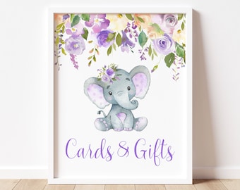 Gifts Table Sign Printable Cards & Gifts Sign Purple Elephant Baby Shower Sign Lilac Floral Birthday Sign NOT Editable A79 C67