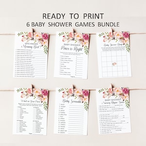 Op de afbeelding: Zes afdrukbare babyborrelspelkaarten met bloemenontwerpen. De spellen omvatten "Wie kent mama het beste?", "Prijs is goed", "Babyborrel Bingo", "Wat zit er in je tas?", "Baby Scramble" en "Babyborrel Kinderrijmpjespel".