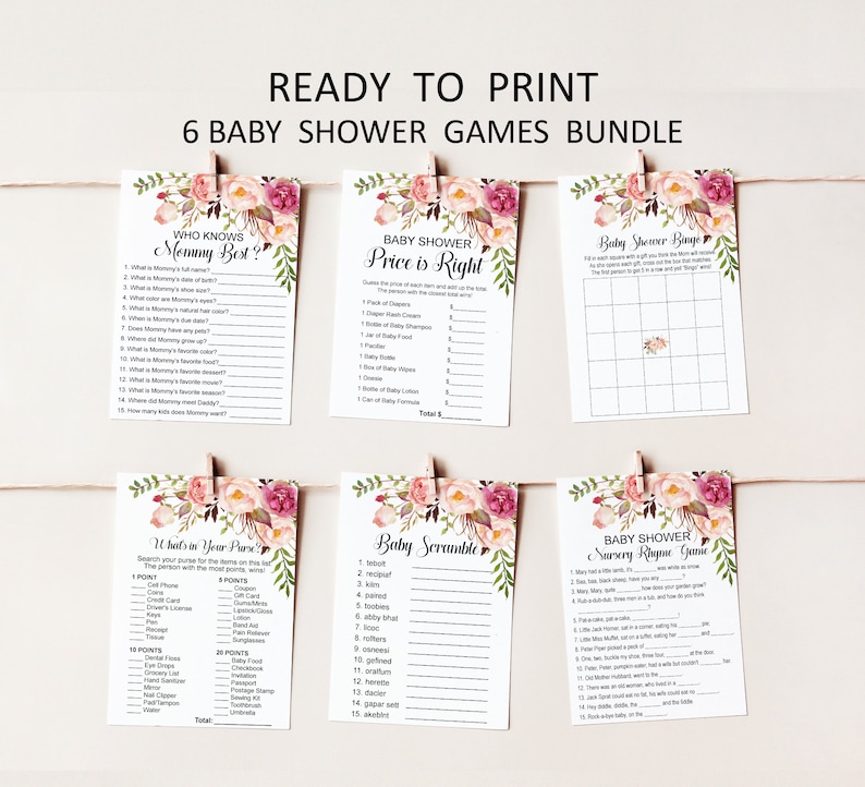 Op de afbeelding: Zes afdrukbare babyborrelspelkaarten met bloemenontwerpen. De spellen omvatten "Wie kent mama het beste?", "Prijs is goed", "Babyborrel Bingo", "Wat zit er in je tas?", "Baby Scramble" en "Babyborrel Kinderrijmpjespel".