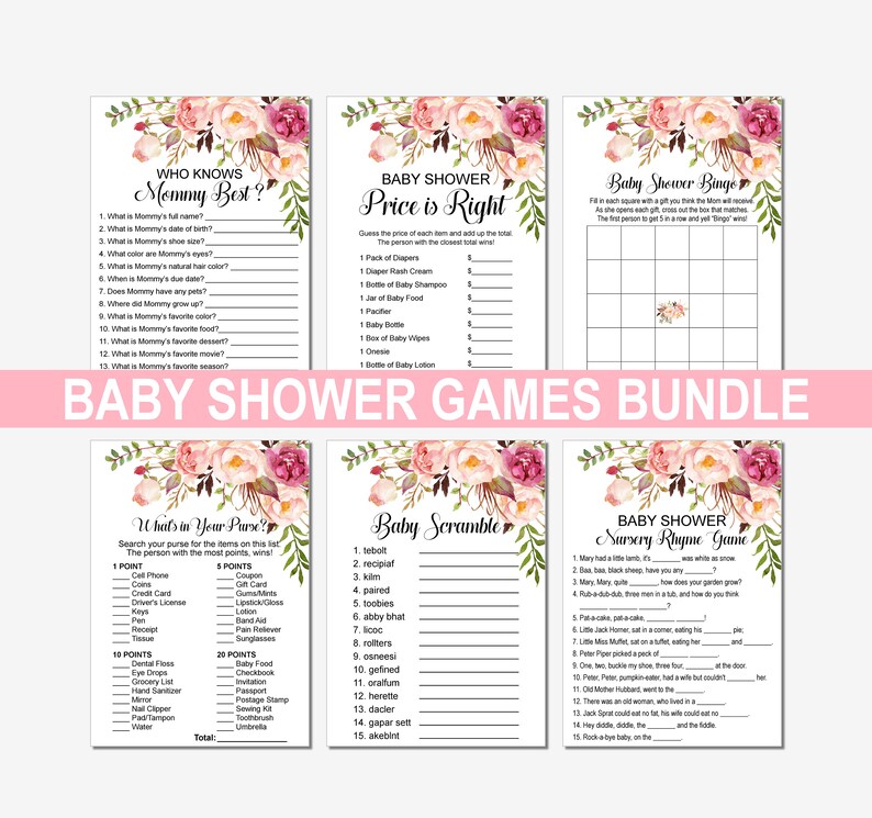 Boho Baby Shower Games Bundle Girl Pink Floral Baby Shower Etsy